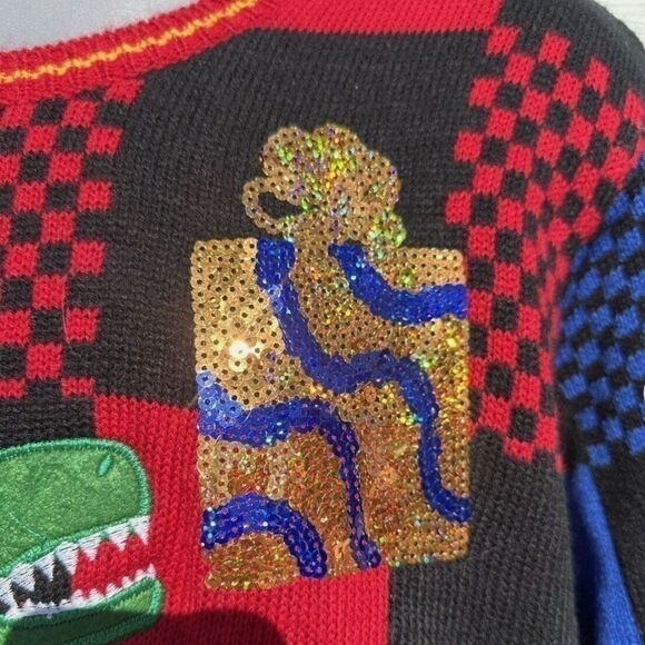 Holiday Time T-Rex Dinosaur Checkered Sequin Present Christmas Sweater S - Picture 6 of 10